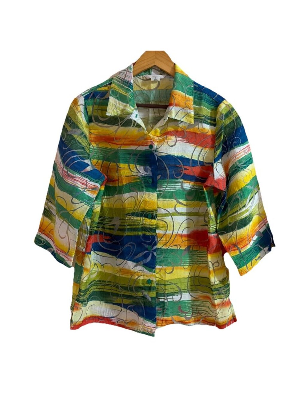 Alia Women's Button Front Blouse Size 12 Colorful Lightweight Burnout Dopamine